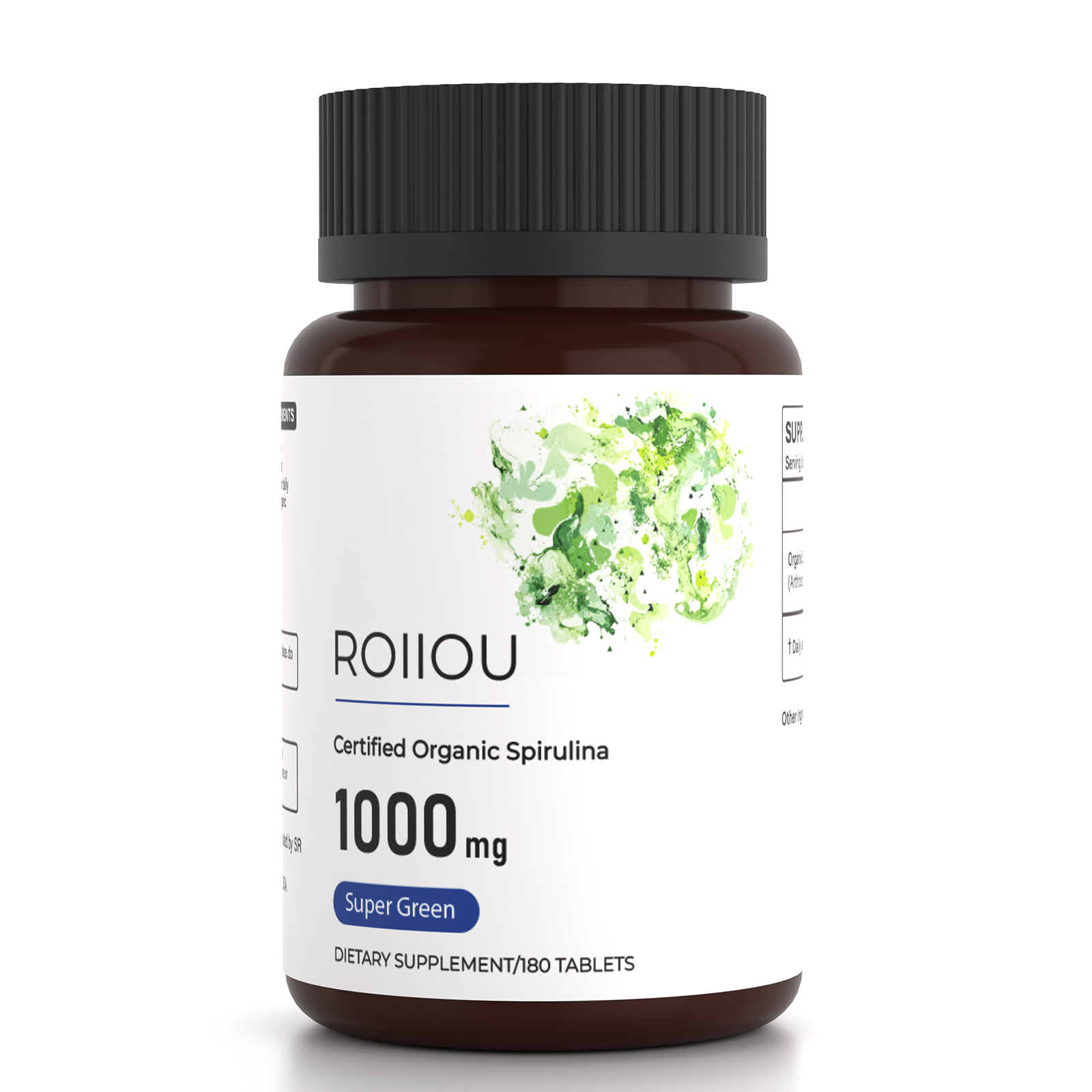ROIIIOU Organic Spirulina Tablets 1000mg, Arthrospira platensis Green Superfood Supplement, Plant-Based Daily Nutrient Support, Antioxidant & Energy Metabolism Support, 180 Tablets