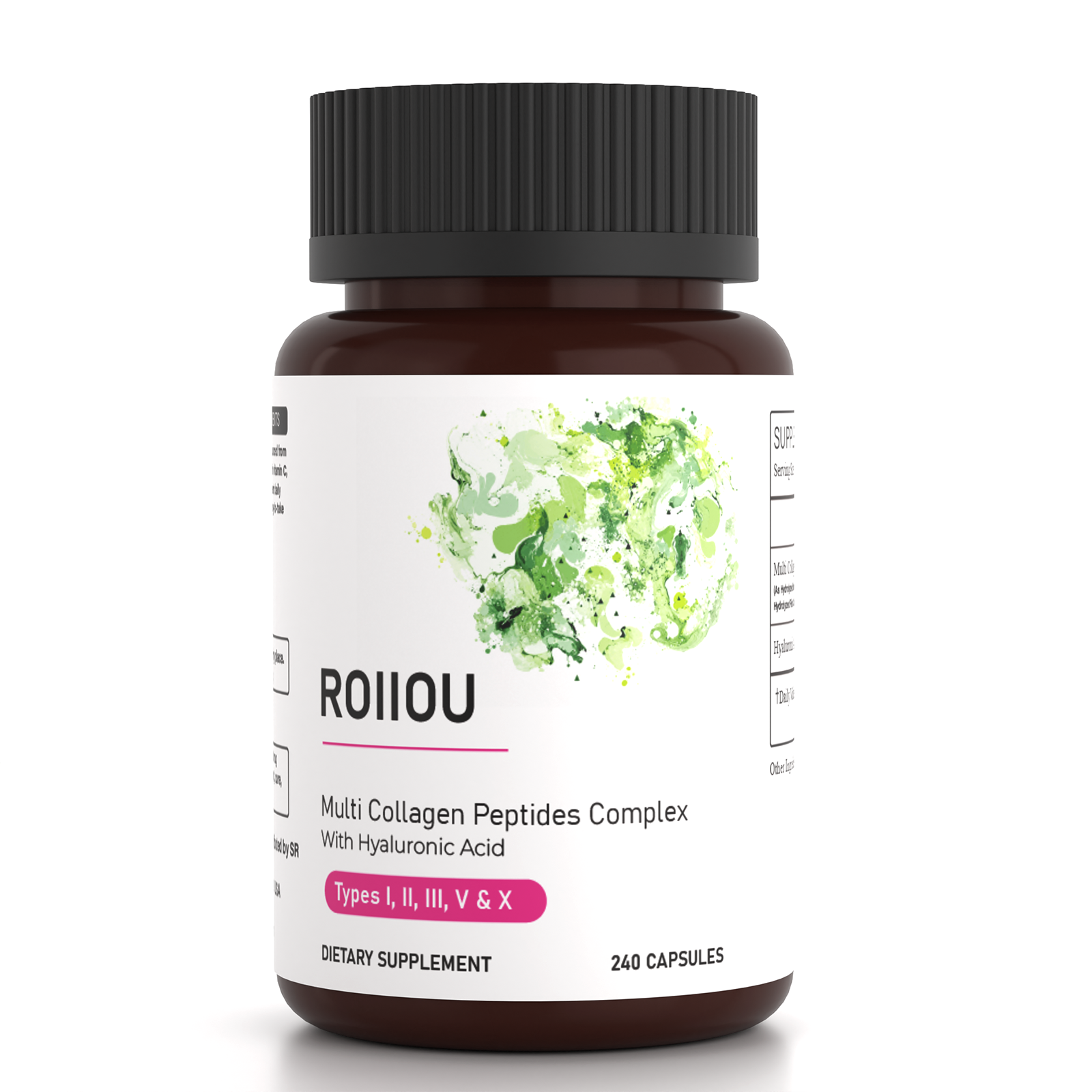 ROIIIOU Multi Collagen Peptides Complex Capsules with Hyaluronic Acid, Types I, II, III, V & X Collagen from Bovine, Chicken, Fish & Eggshell Sources, Skin Hair Nails & Joint Support, 240 Capsules