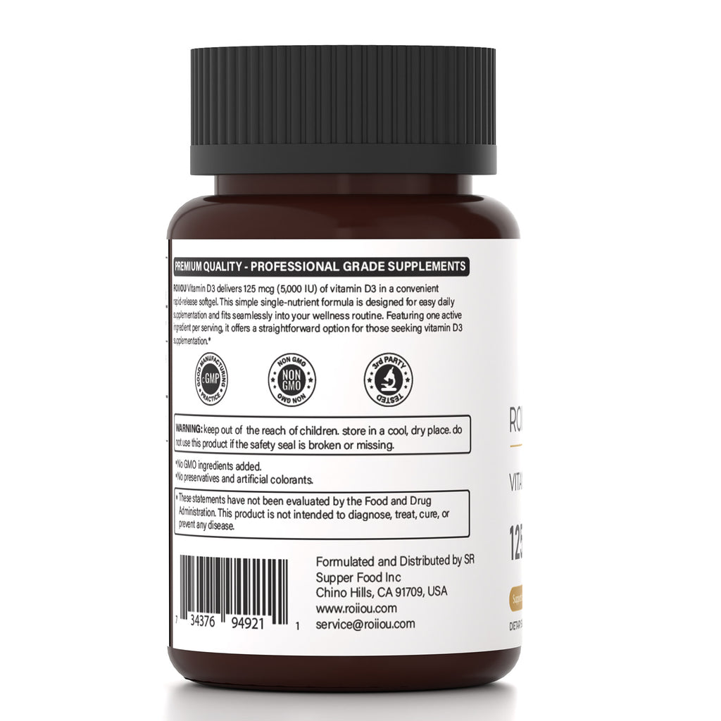 ROIIIOU Vitamin D3 5000 IU Softgels, 125 mcg Vitamin D3 as Cholecalciferol, Daily Bone, Teeth, Muscle & Immune Support Supplement, Easy-to-Take Softgels, 360 Count