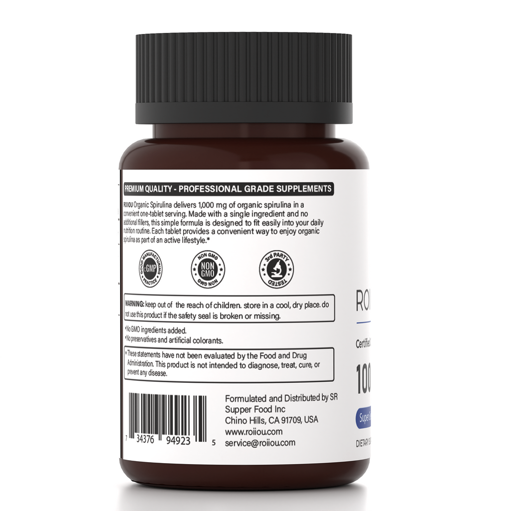 ROIIIOU Organic Spirulina Tablets 1000mg, Arthrospira platensis Green Superfood Supplement, Plant-Based Daily Nutrient Support, Antioxidant & Energy Metabolism Support, 180 Tablets