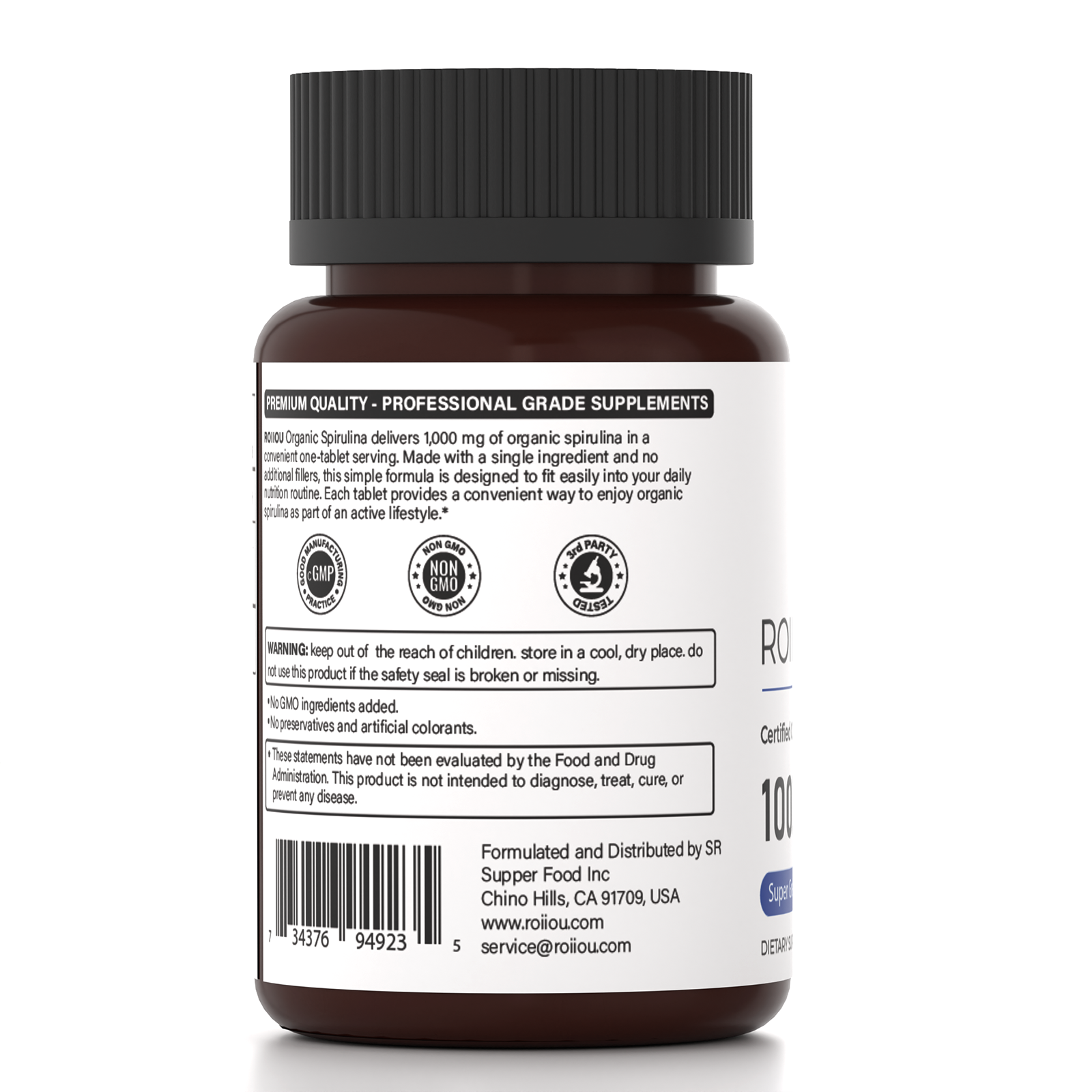 ROIIIOU Organic Spirulina Tablets 1000mg, Arthrospira platensis Green Superfood Supplement, Plant-Based Daily Nutrient Support, Antioxidant & Energy Metabolism Support, 180 Tablets