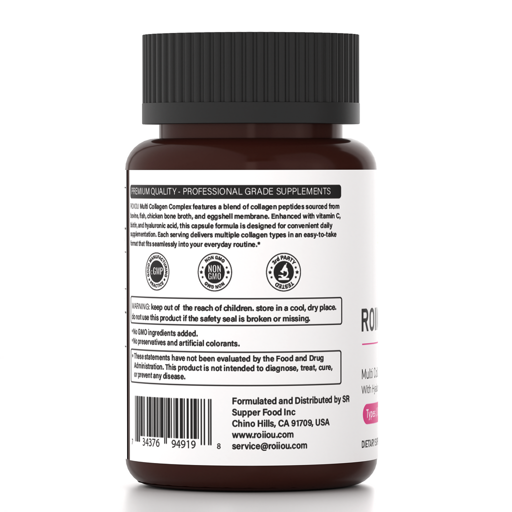 ROIIIOU Multi Collagen Peptides Complex Capsules with Hyaluronic Acid, Types I, II, III, V & X Collagen from Bovine, Chicken, Fish & Eggshell Sources, Skin Hair Nails & Joint Support, 240 Capsules