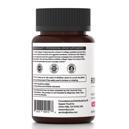 ROIIIOU Multi Collagen Peptides Complex Capsules with Hyaluronic Acid, Types I, II, III, V & X Collagen from Bovine, Chicken, Fish & Eggshell Sources, Skin Hair Nails & Joint Support, 240 Capsules