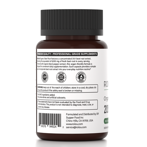 ROIIIOU Organic Beet Root Capsules, 20:1 Beet Root Extract 400mg with Organic Black Pepper Extract, Daily Nitric Oxide, Circulation & Workout Performance Support, Vegetarian Formula, 120 Capsules