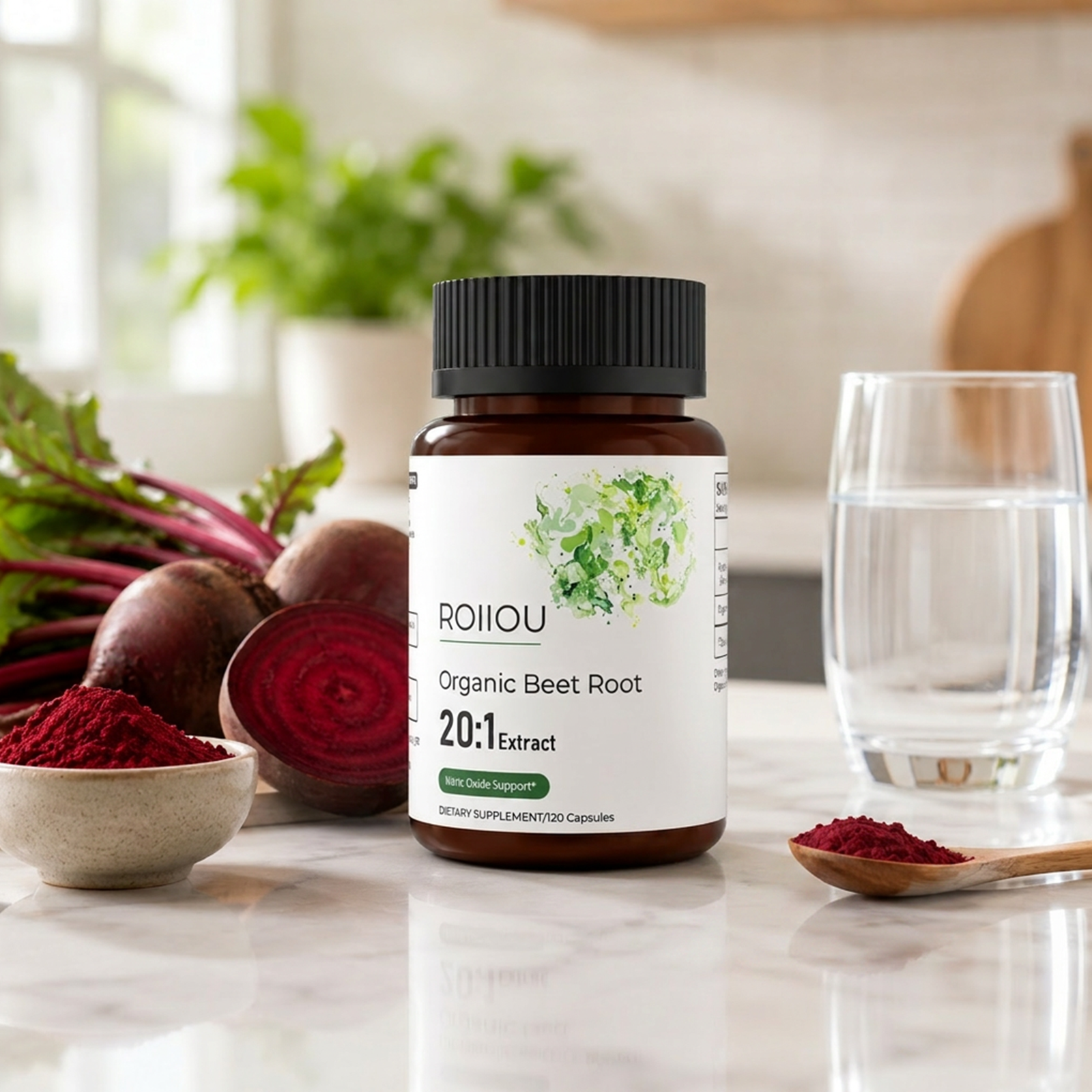 ROIIIOU Organic Beet Root Capsules, 20:1 Beet Root Extract 400mg with Organic Black Pepper Extract, Daily Nitric Oxide, Circulation & Workout Performance Support, Vegetarian Formula, 120 Capsules