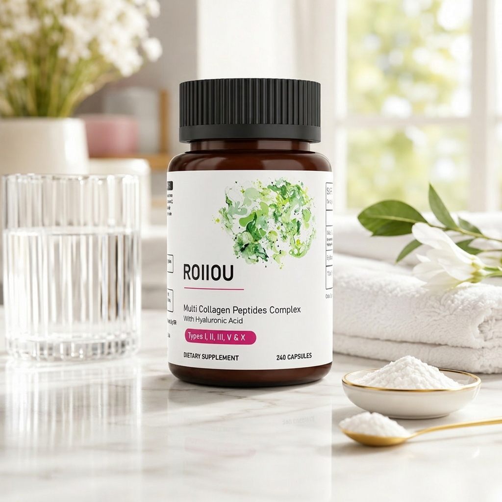 ROIIIOU Multi Collagen Peptides Complex Capsules with Hyaluronic Acid, Types I, II, III, V & X Collagen from Bovine, Chicken, Fish & Eggshell Sources, Skin Hair Nails & Joint Support, 240 Capsules