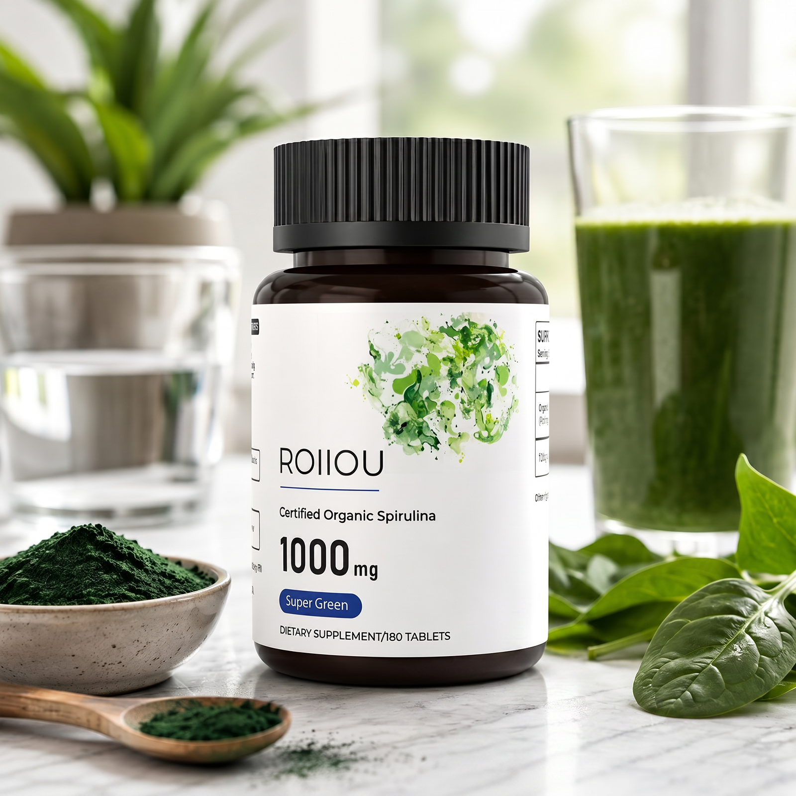 ROIIIOU Organic Spirulina Tablets 1000mg, Arthrospira platensis Green Superfood Supplement, Plant-Based Daily Nutrient Support, Antioxidant & Energy Metabolism Support, 180 Tablets